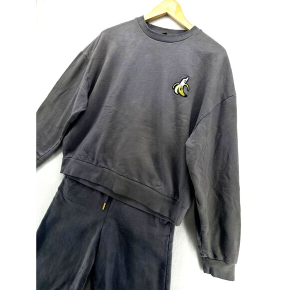 Lazy Oaf Banana Lounge Set Size S Gray 2 Piece Sweatshirt Pants Cropped Pockets - Picture 2 of 13